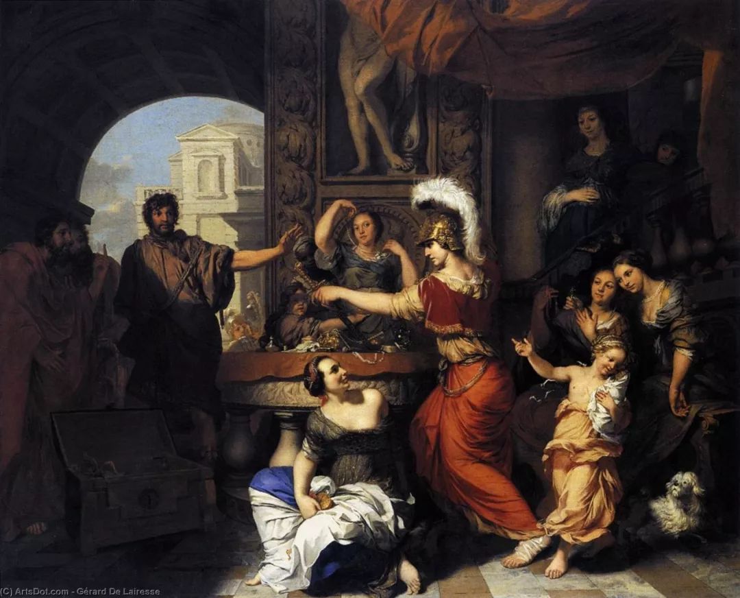 那一天,奥德修斯假扮商人来到吕科墨得斯的王宫,带着两大箱子女孩子