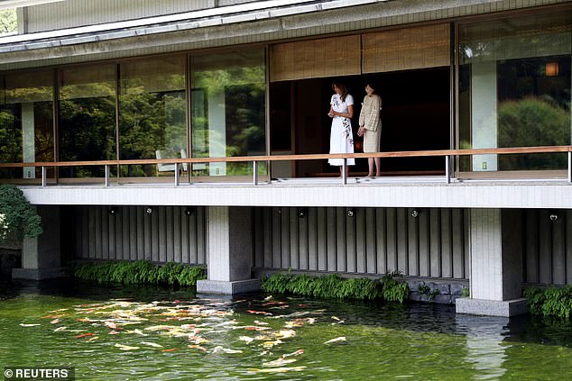 两人一起去观看锦鲤在去吃午餐之前,梅拉尼娅与安倍昭惠二人还进行