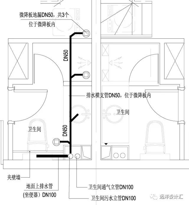 图8 微降板排水管道平面图图9 微降板排水管道剖面图2,微降板地漏自带