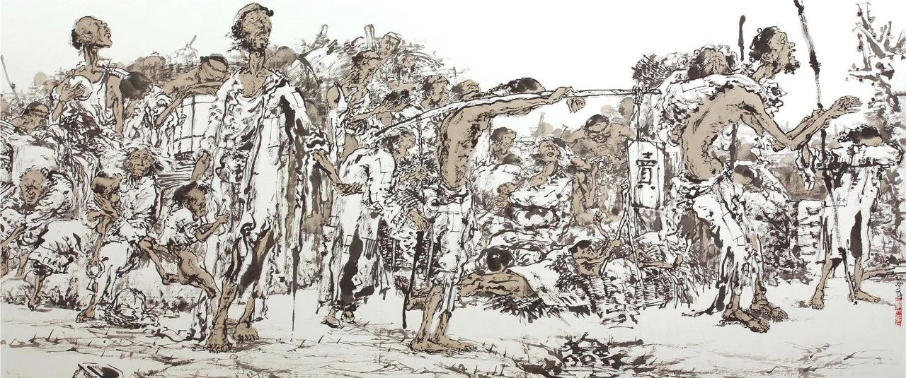 《天下粮仓》之邀,朱仁民创作了巨幅水墨人物画《千里饿殍图》,画中