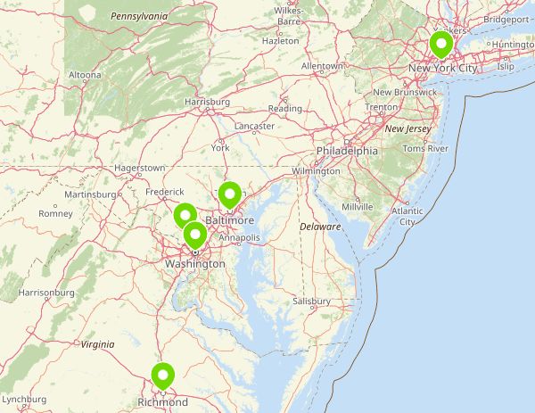 除了纽约和华盛顿dc,flixbus位于东部的站点还有baltimore,rockville