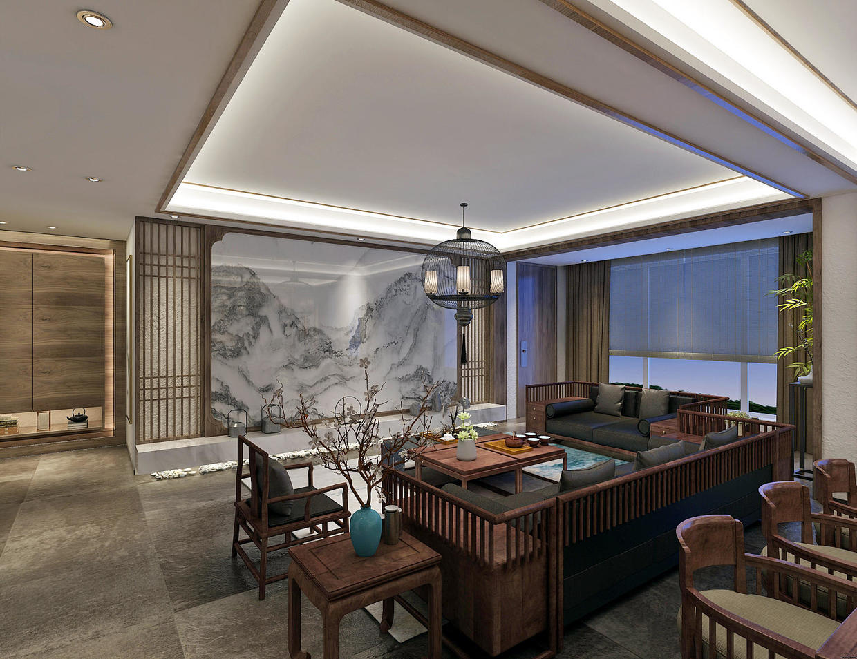 保利观塘300平米新中式风格装修效果图-1918别墅装饰