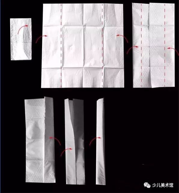首先,按照上图的步骤折叠纸巾.接下来,就要给小女孩梳上漂亮的辫子了.