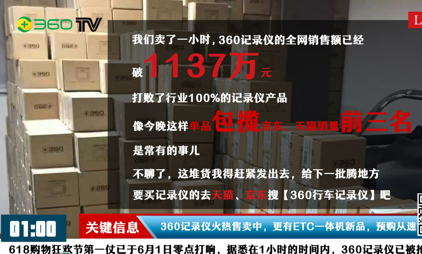 《618开赛一小时 360行车记录仪全网销售额破1137万元》