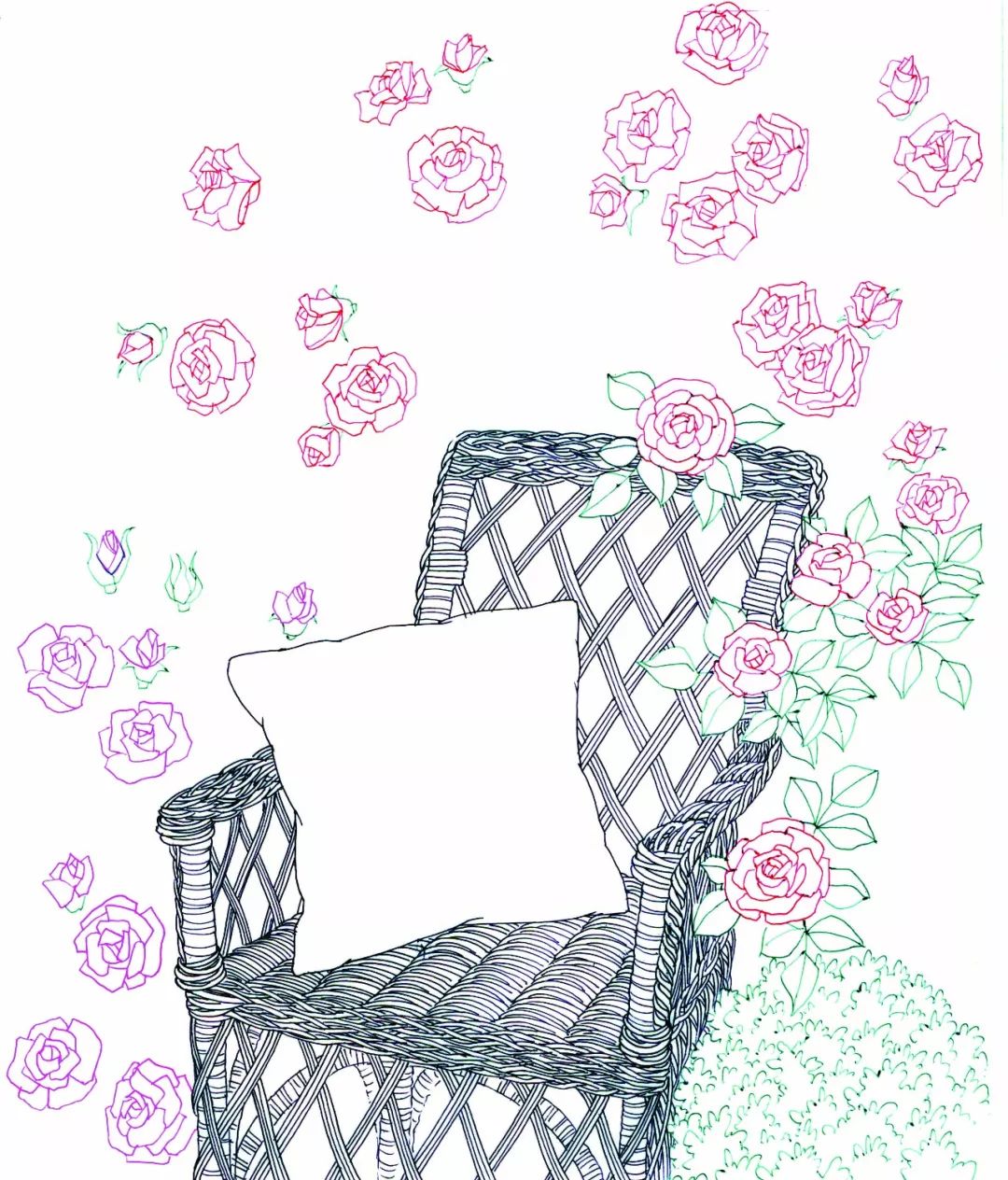 铅笔画出藤椅细节和花朵位置等1