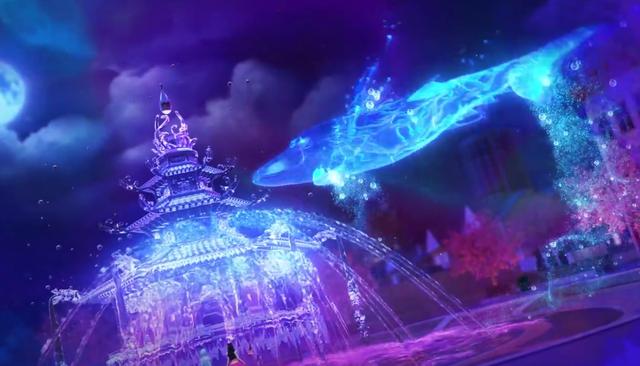 水蓝色的鲸鱼在天空游动,水王子的水玲珑宫绚丽夺目,周围还都是喷泉