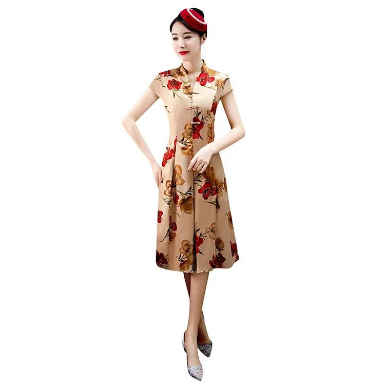 a字大摆裙旗袍时尚v领很是精致的妈妈旗袍