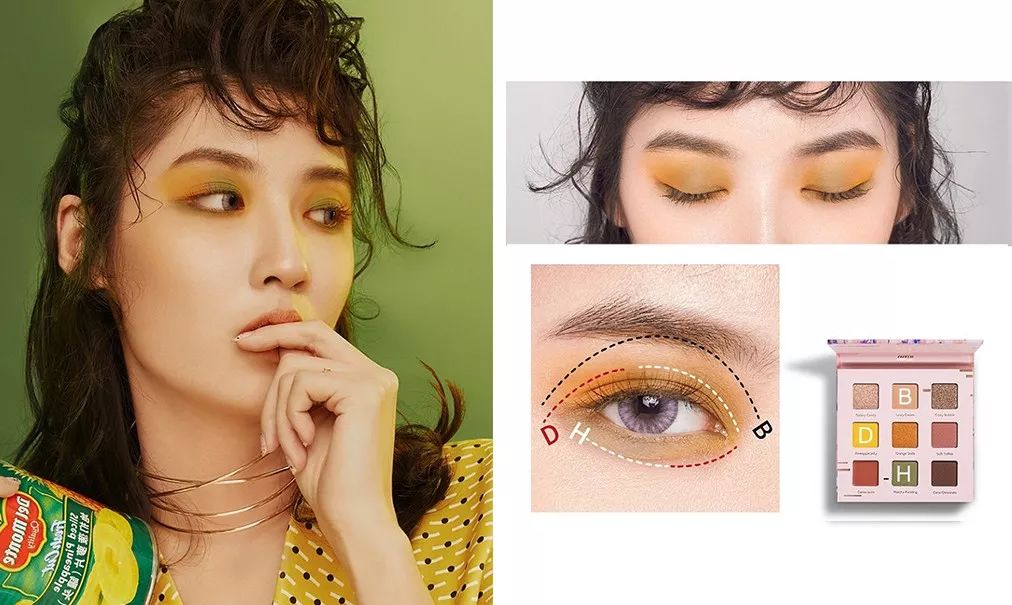 清新凤梨妆,将墨绿色调的眼影点亮在眼中,延伸至眼尾,和绿灰调的眼妆