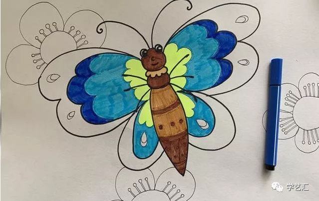 给背景的花心涂色给花蕊涂色给背景花瓣涂色美美的蝴蝶水彩笔画完成了