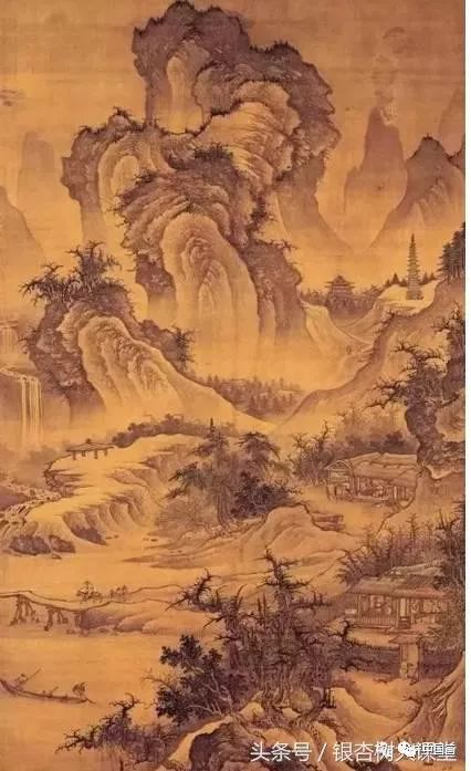高远:自山下看山上,类似于西画的金字塔式,纪念碑式构图,属于仰视.