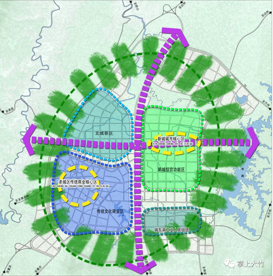 大道及两侧景观绿地有两条著名的一横一纵的轴线在大竹的城市规划中