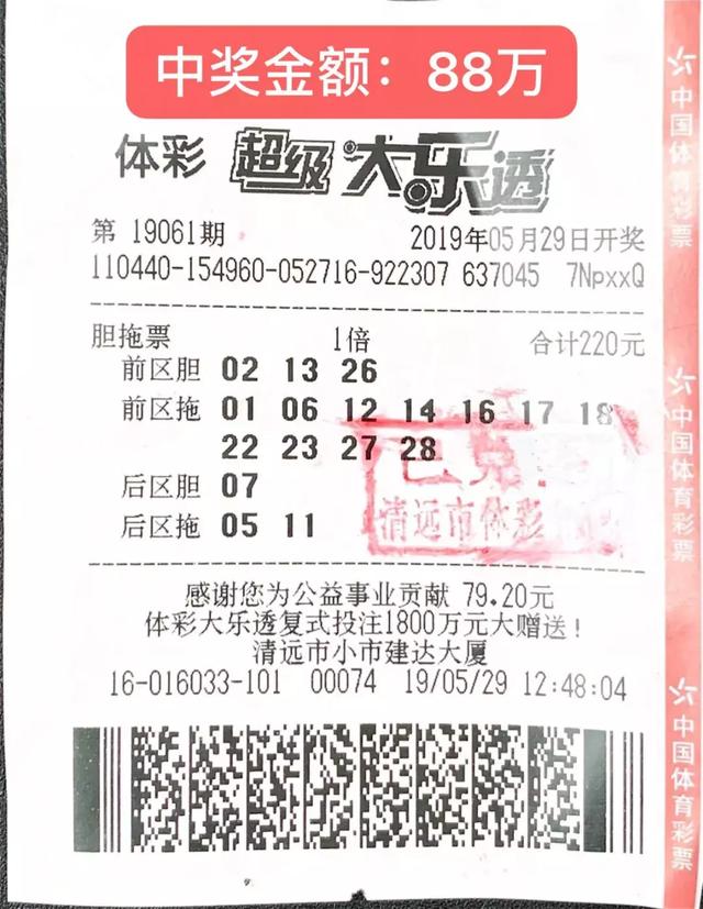 清远好友合买大乐透喜中二等奖88万元