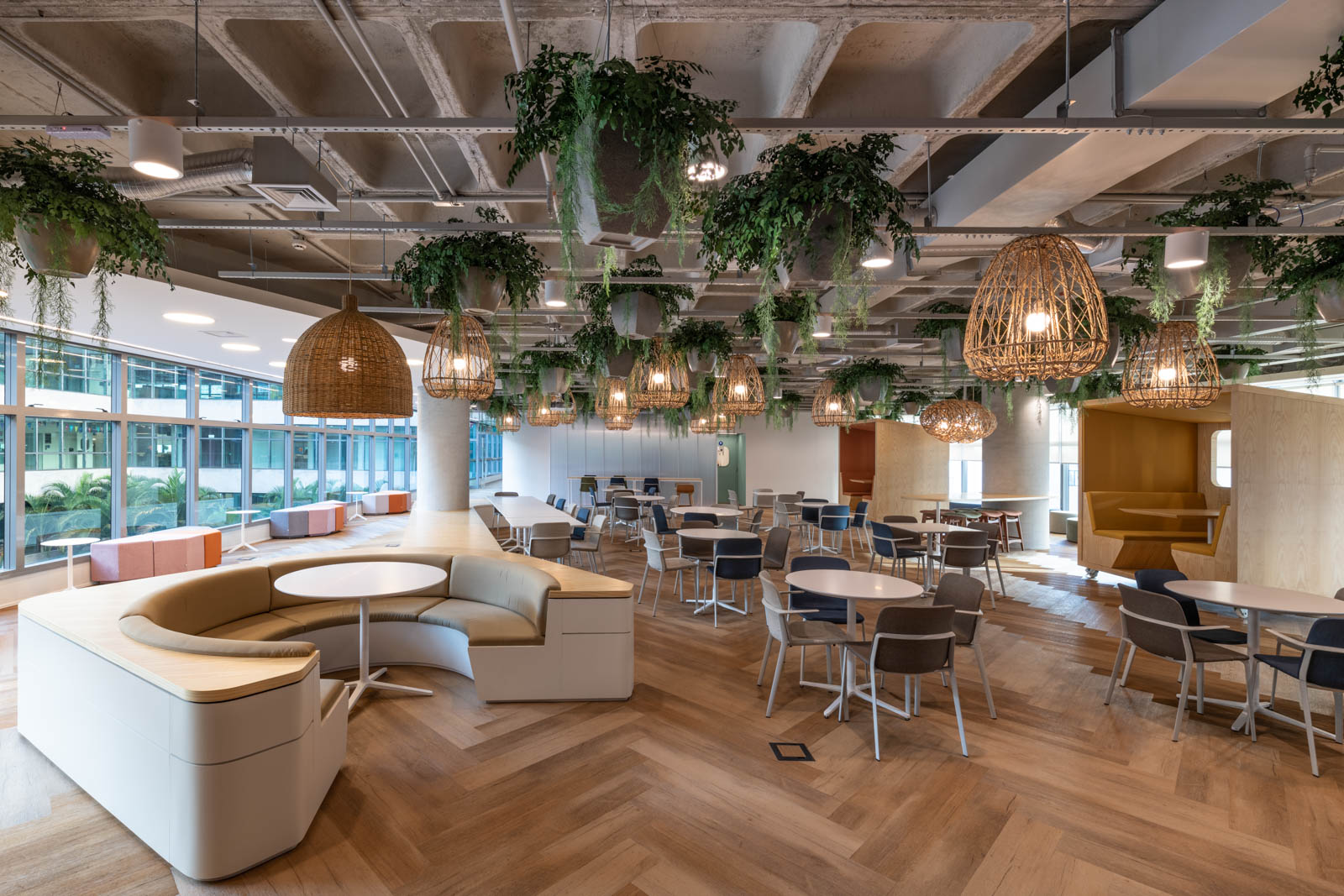 明亮开放的现代旅行社办公室去探索在曲线造型后的空间