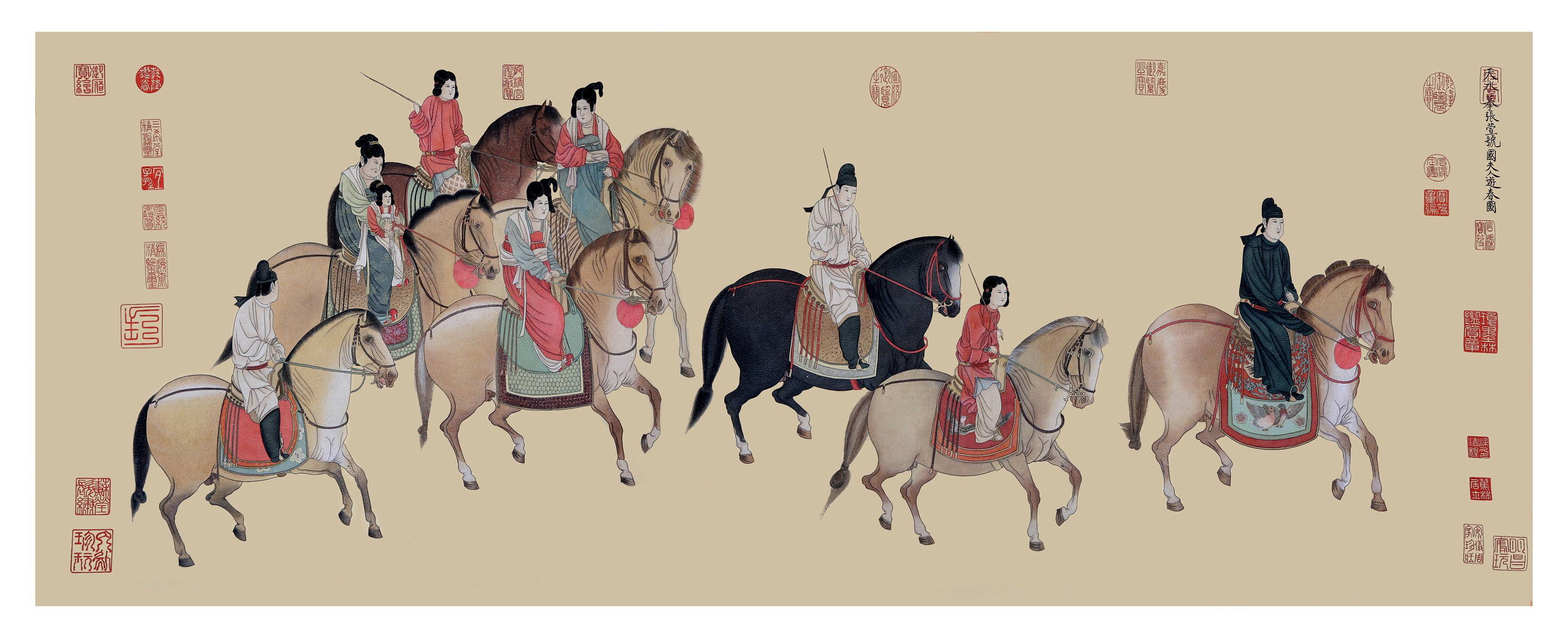 著名画家张萱的《虢国夫人游春图》《捣练图》中的妇女形象上可以看到