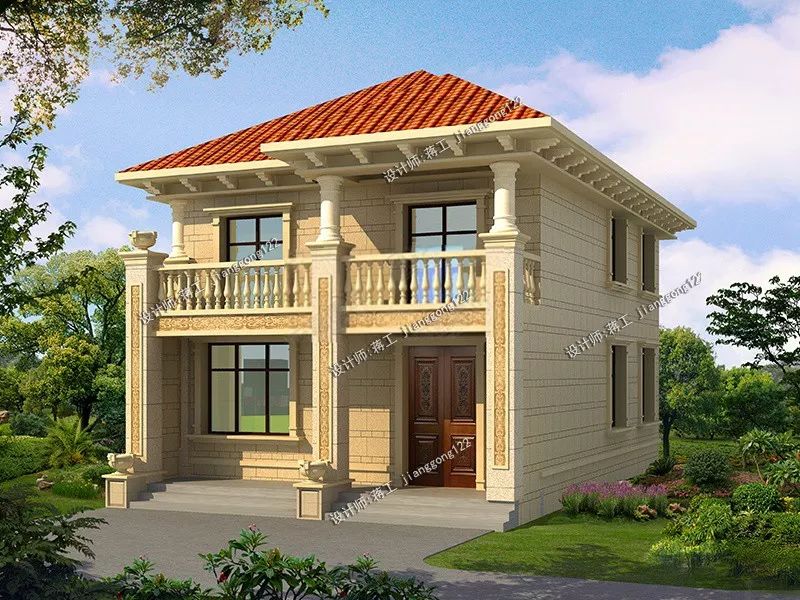 砖红色的斜坡西瓦,黄色的外墙砖,颜色的搭配清新简约.