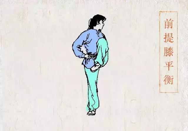 1.并步站立,两掌垂于体侧;眼视前方.一,提膝平衡