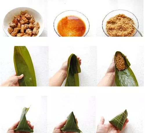 碱水白米粽子用料:糯米适量,食用碱少许,粽叶适量做法包粽子图解三