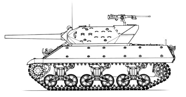 传统的m10狼獾坦克歼击车四视图,使用m4谢尔曼坦克车体的它,除保留
