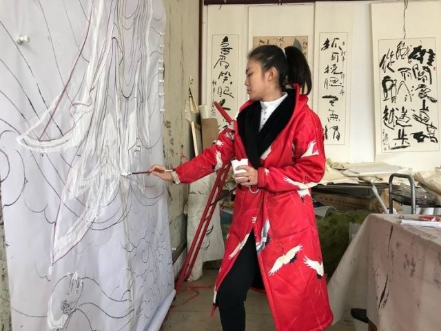 绘制线稿王书杰老师指导修稿王书杰老师看稿北墙壁画【百鹤图】局部北