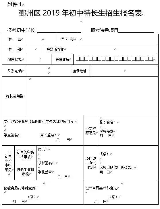 填寫《鄞州區2019年初中特長生招生報名表》(見附件1,可直接打印以下