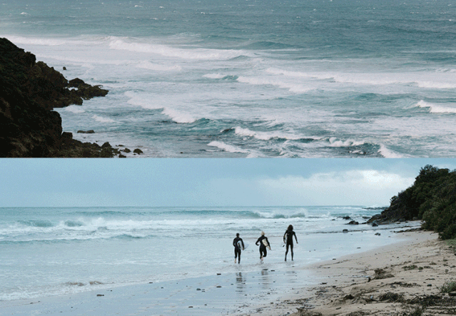 冬季冲浪的人们奔跑着冲向大海静静等待主人冲浪归来的狗狗海边小镇