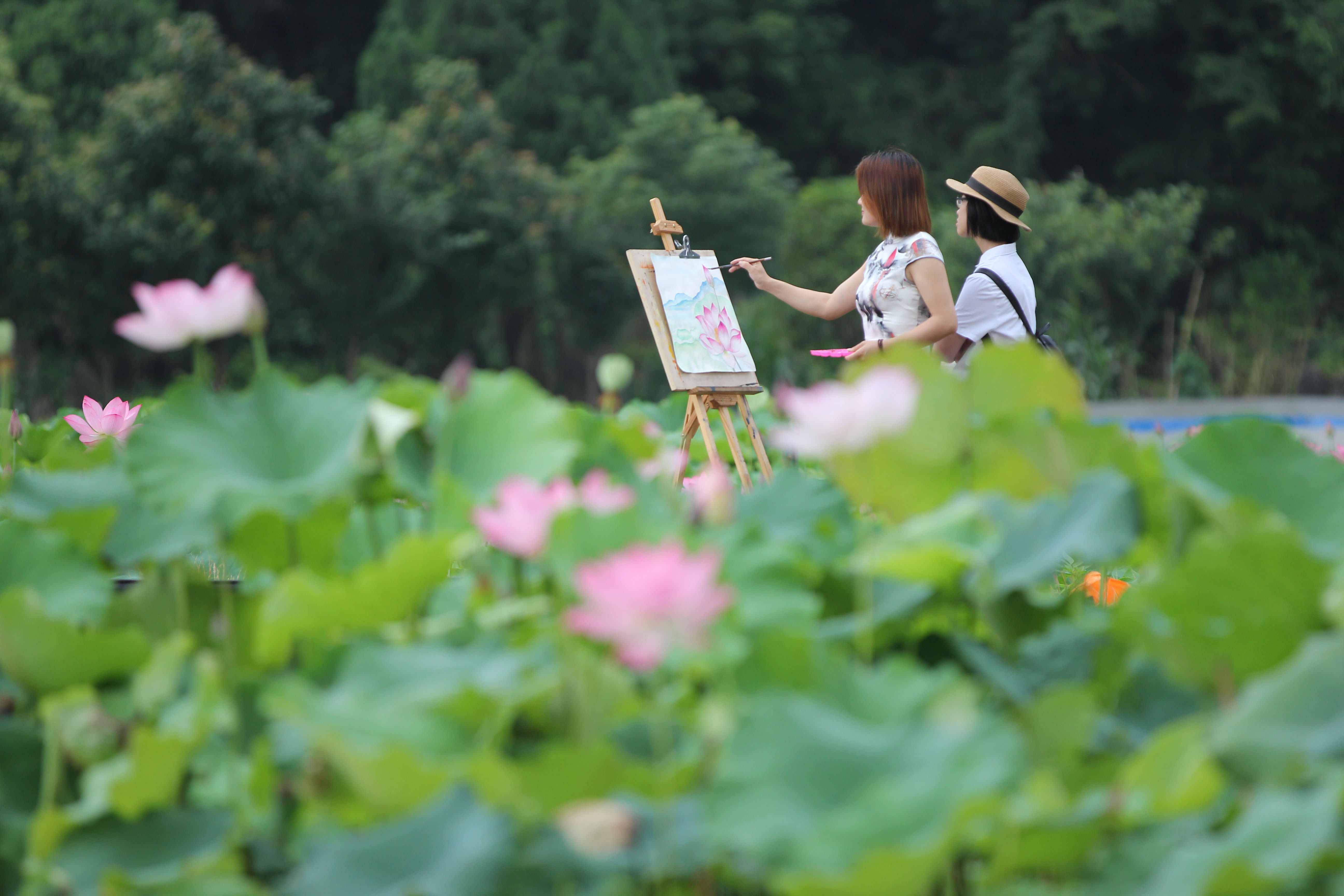 6月9日,游客在湖南省永州市宁远县九嶷山瑶族乡西湾村荷塘写生.
