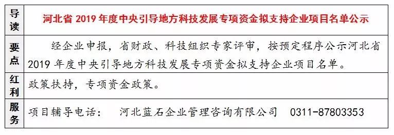 河北省2019年度中央引导地方科技发展专项资金拟支持企业项目名单公示