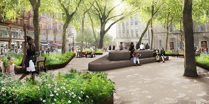 公园三面环墙,西南侧为公园入口.