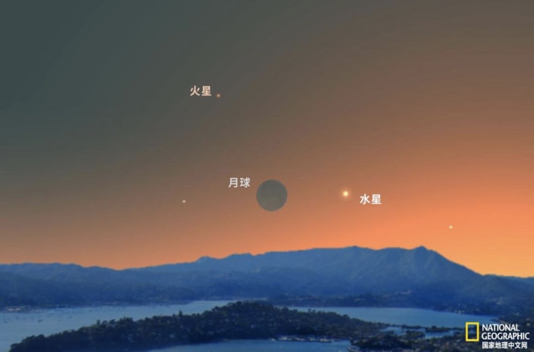 6月4日"水星合月"的位置关系示意图,月亮只有一丝月牙(来源:国家地理