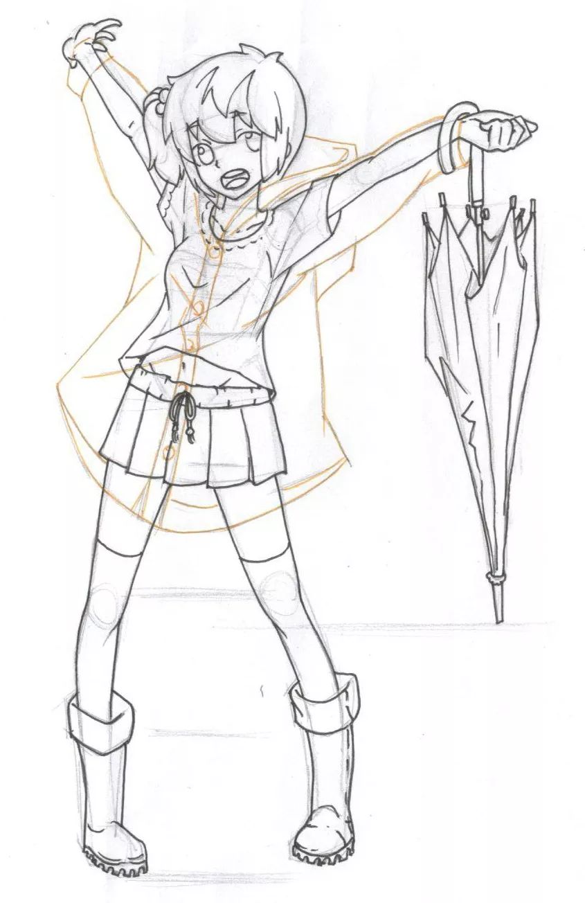 由于雨衣是透明的,就直接用橙色的慕娜美描了.21,擦掉铅笔后的效果.