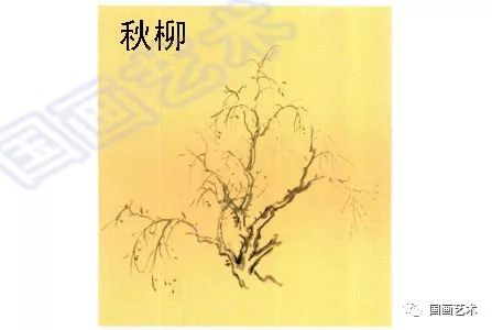 冬柳:画冬柳用笔要干,柳梢部分的线条短而直,柳条方向整体一致,以体现