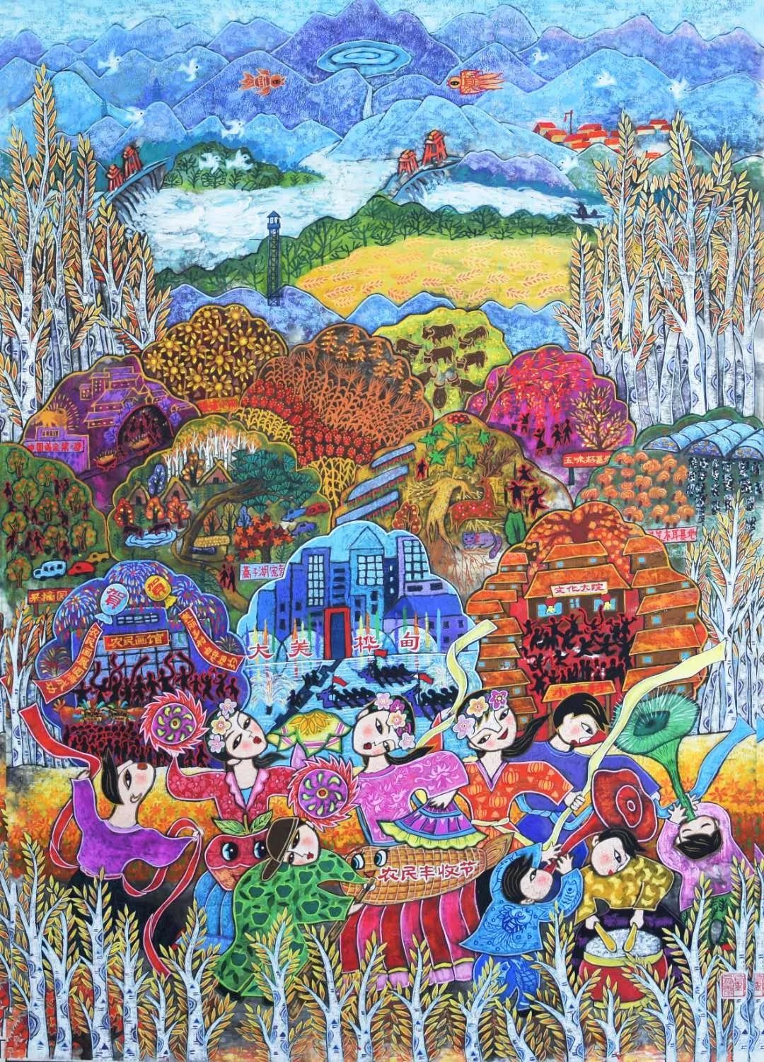 头条报道美丽乡村白桦相约全国农民画展唯一主题特别奖作品白桦金秋