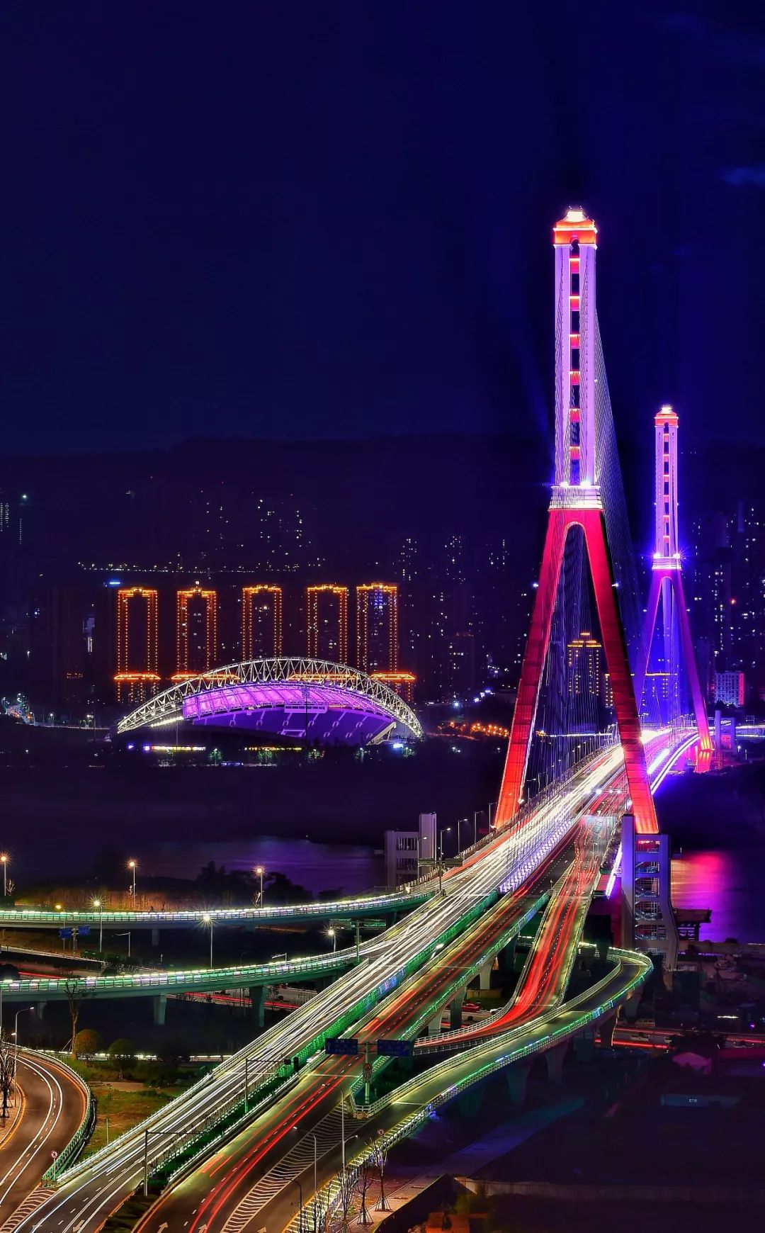 万州长江三桥夜景图片
