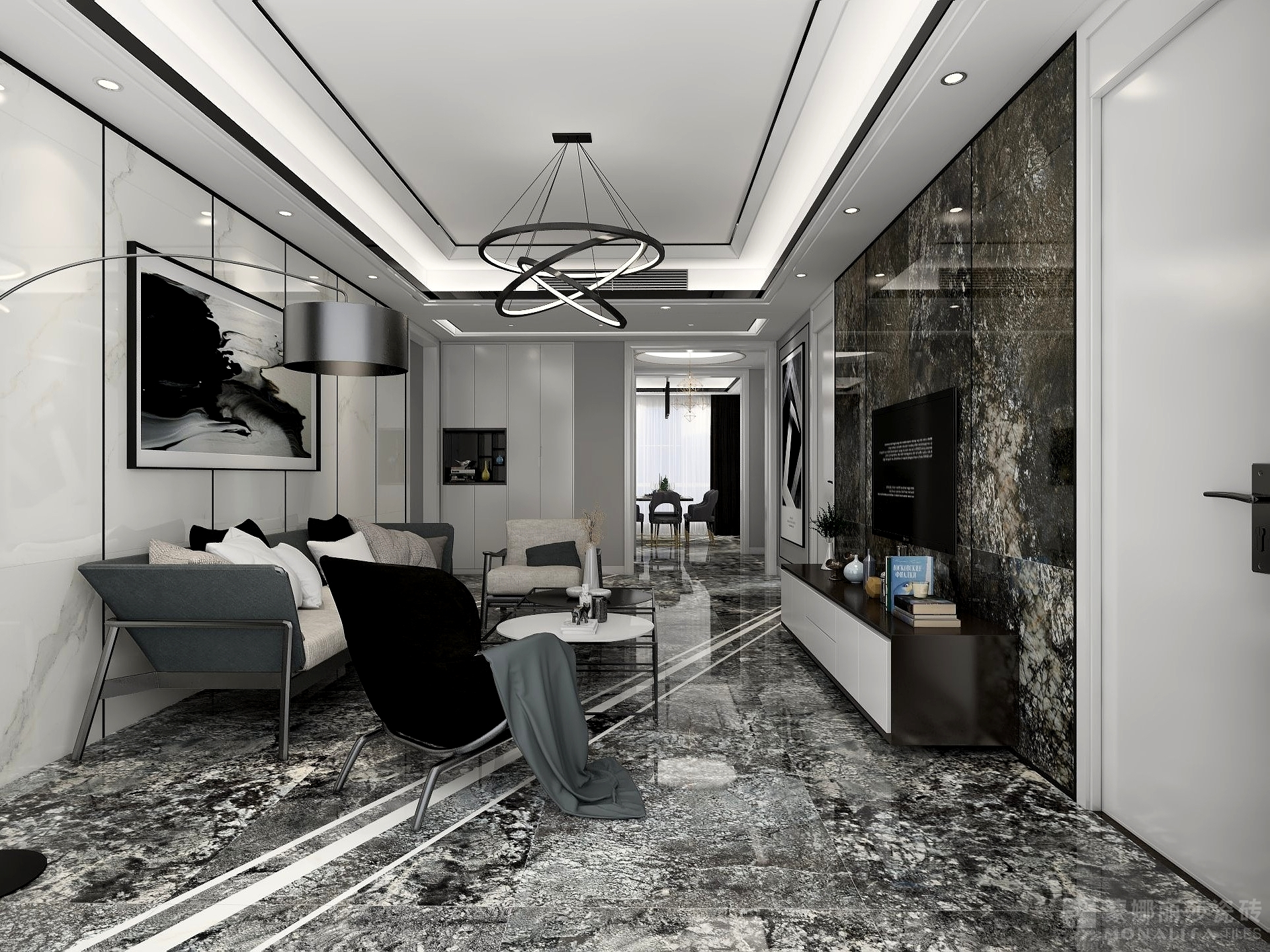 一入客厅,便是一幅高大的现代几何装饰画,黑白灰的色调运用与整体