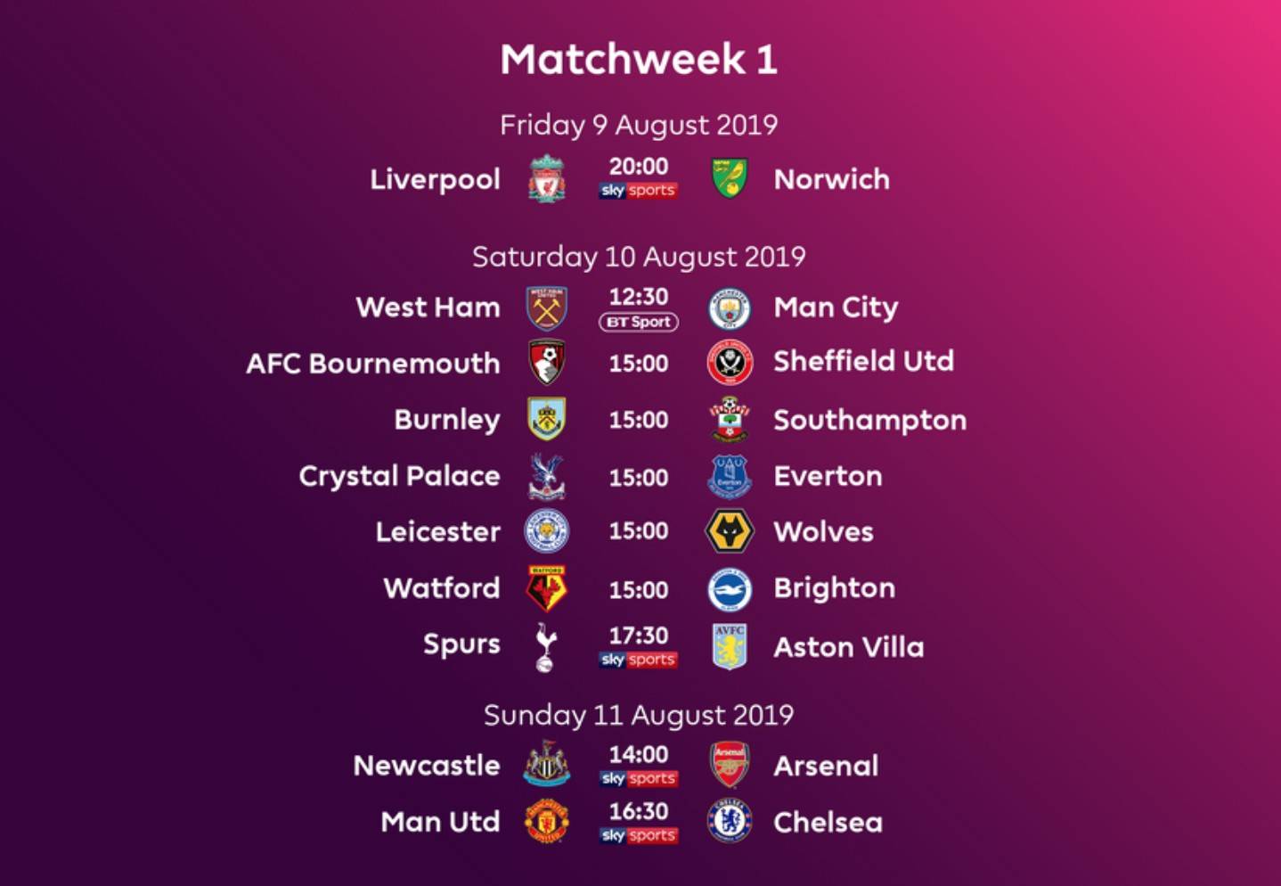 英超19/20赛季赛程出炉:8月10日开战,曼联首轮对阵切尔西