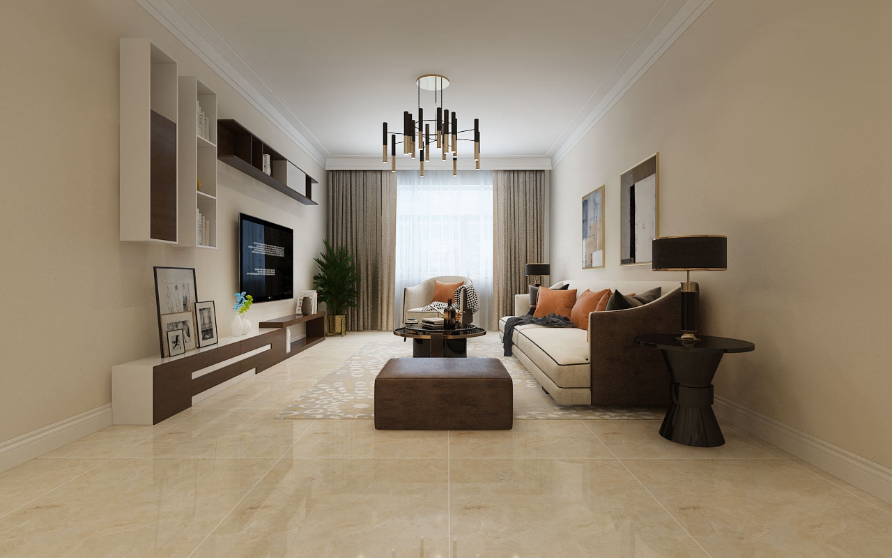 客厅采用暖色系的搭配,黄调的地砖,米色的墙面,米色与咖色结合的沙发