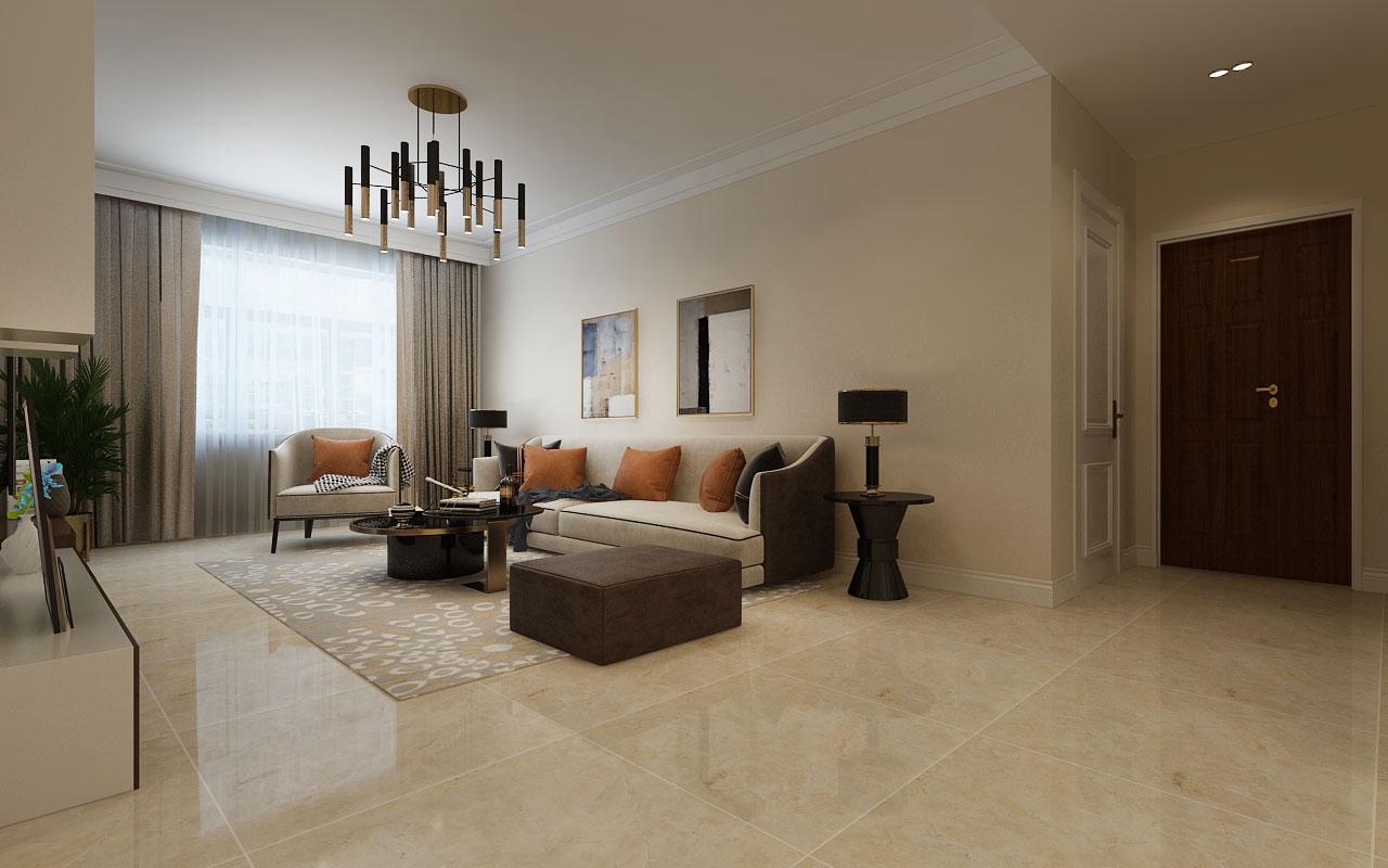 客厅采用暖色系的搭配,黄调的地砖,米色的墙面,米色与咖色结合的沙发