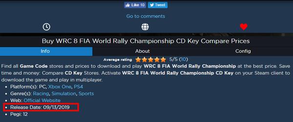 《世界汽车拉力锦标赛8》发售日期疑曝光 9月13日上市
