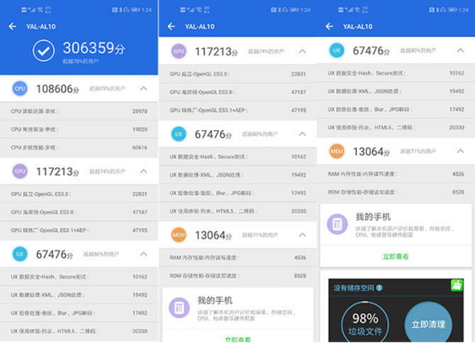 荣耀20 pro在安兔兔的跑分高达30万分,处于第一梯队水准,在geekbench