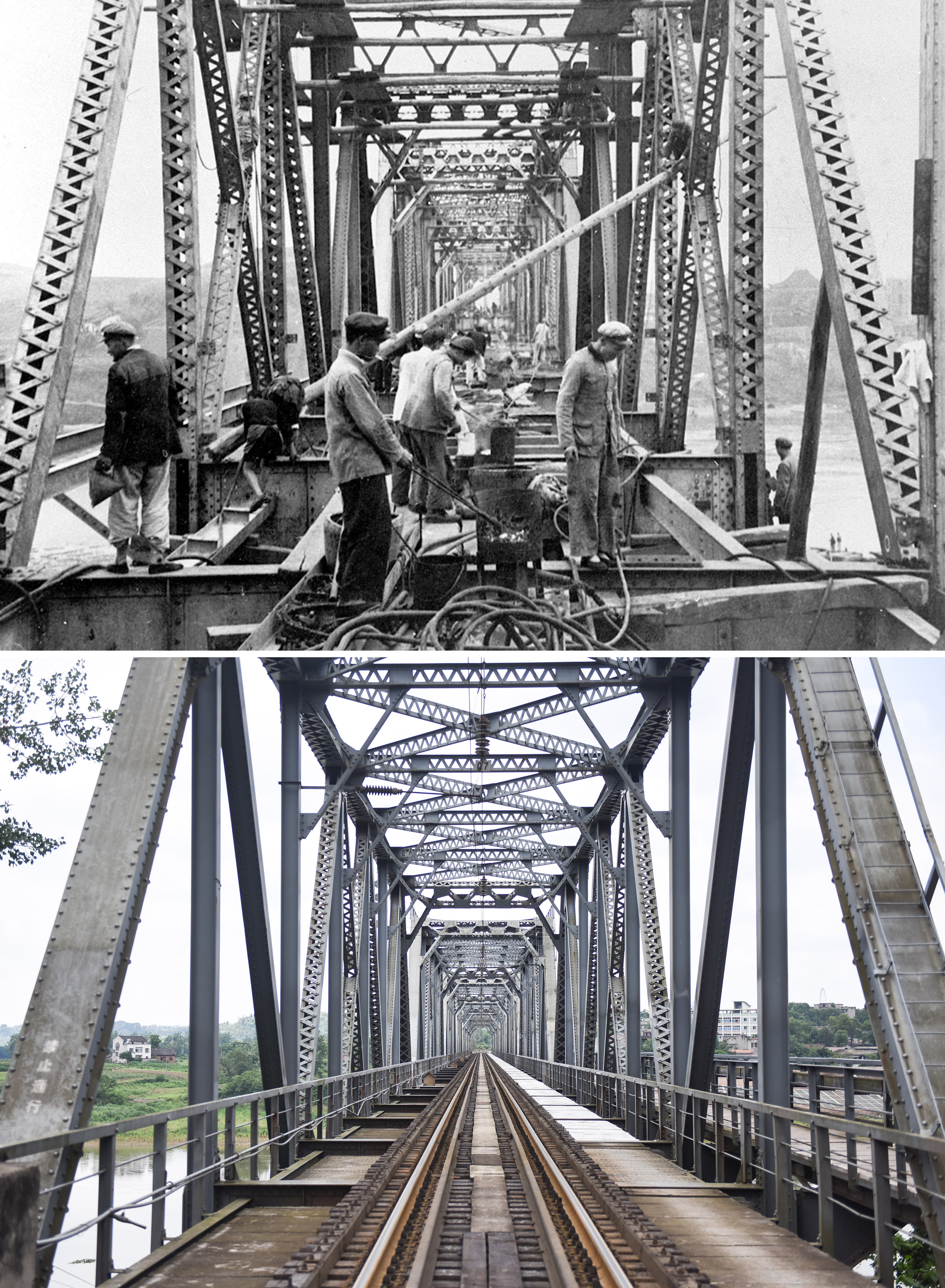 拼版照片:上图为1951年11月底完工的成渝铁路沱江大桥(资料照片下图