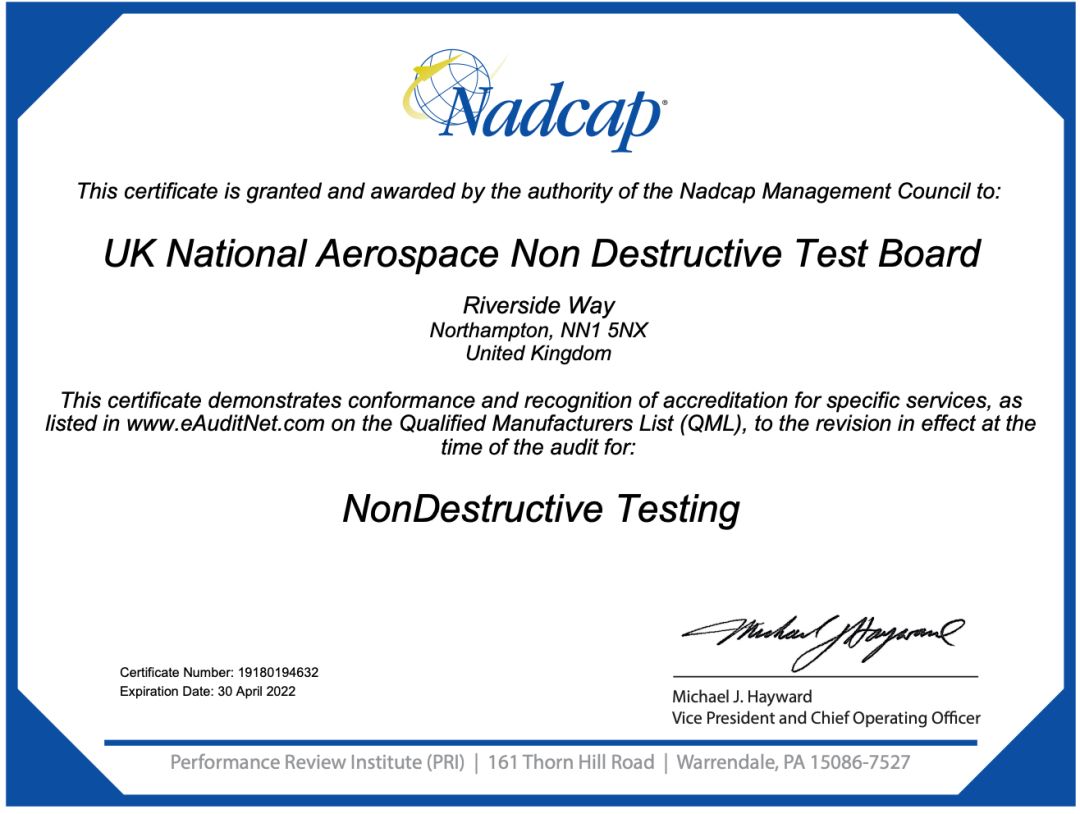 所颁发证书满足 nadcap ndt 项目认证要求