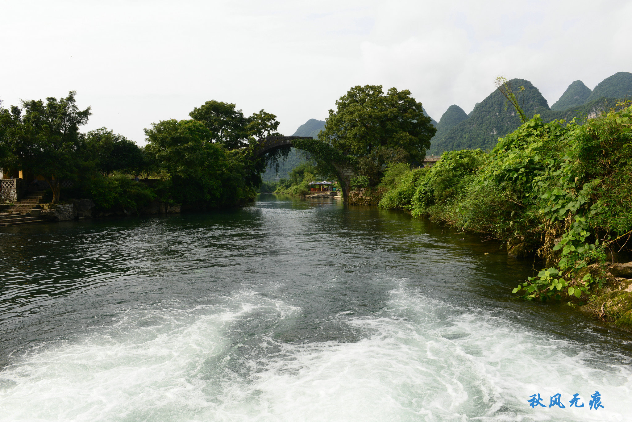 從水面的橋上,遠眺富里橋,一輪圓月映在清澈遇龍河,河邊的三角梅,上游