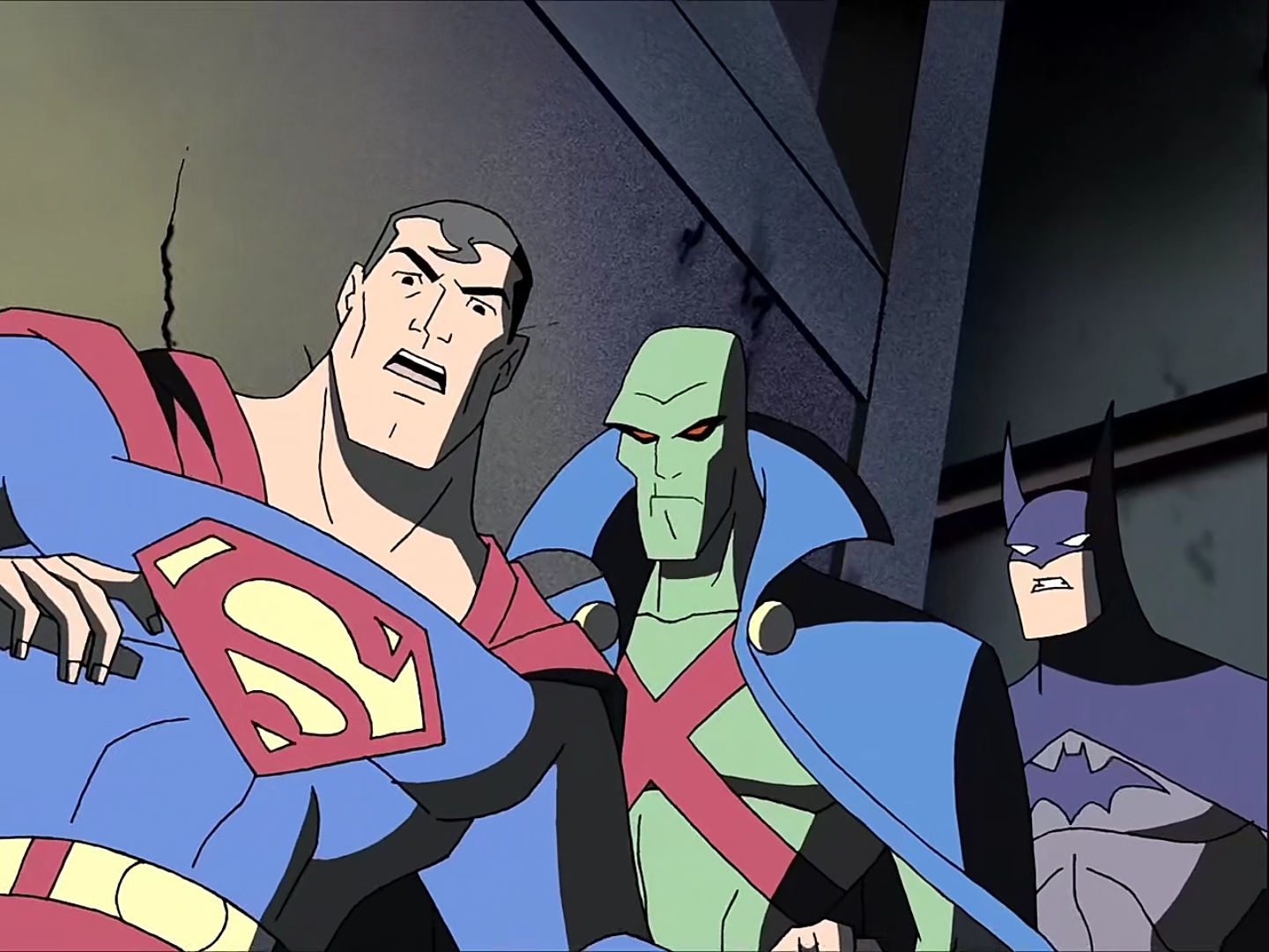 正义联盟动画第一季第一集蝙蝠侠和超人的吃瘪和公主抱