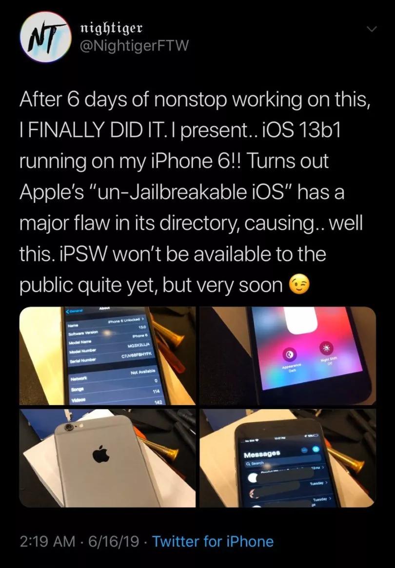 twitter 用戶 @nighttigerftw 宣佈自己成功為 iphone 6 刷入了 ios