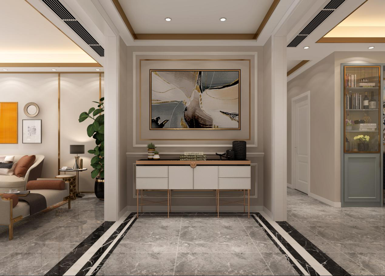 大量的装饰结构赋予空间时髦的典雅质感;地面上地砖规整,端景墙上金线