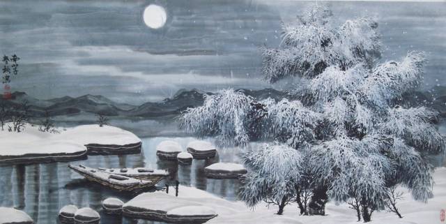 赵春秋老师冰雪山水里的雪夜月色,与白雪交相辉映,静谧纯洁,画面中