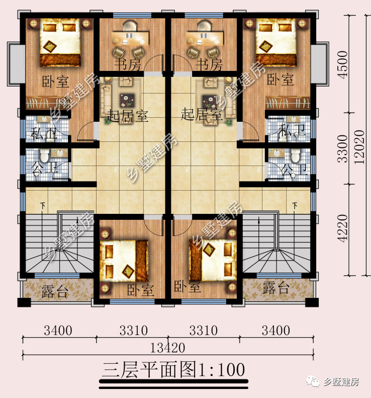 13米x13米双拼户型图片