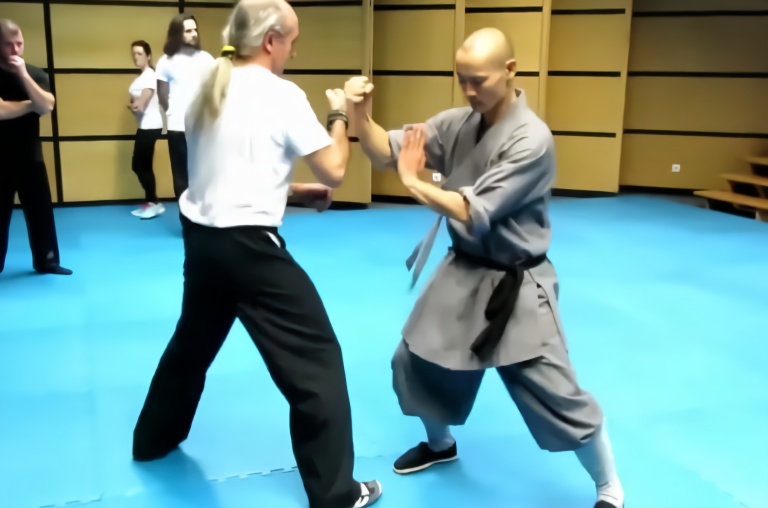 欧洲少林寺训练实拍释恒义与老外现场对练少林真功折服学员