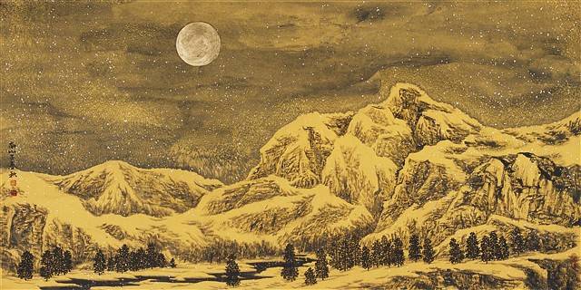 赵春秋老师冰雪山水里的雪夜月色,与白雪交相辉映,静谧纯洁,画面中