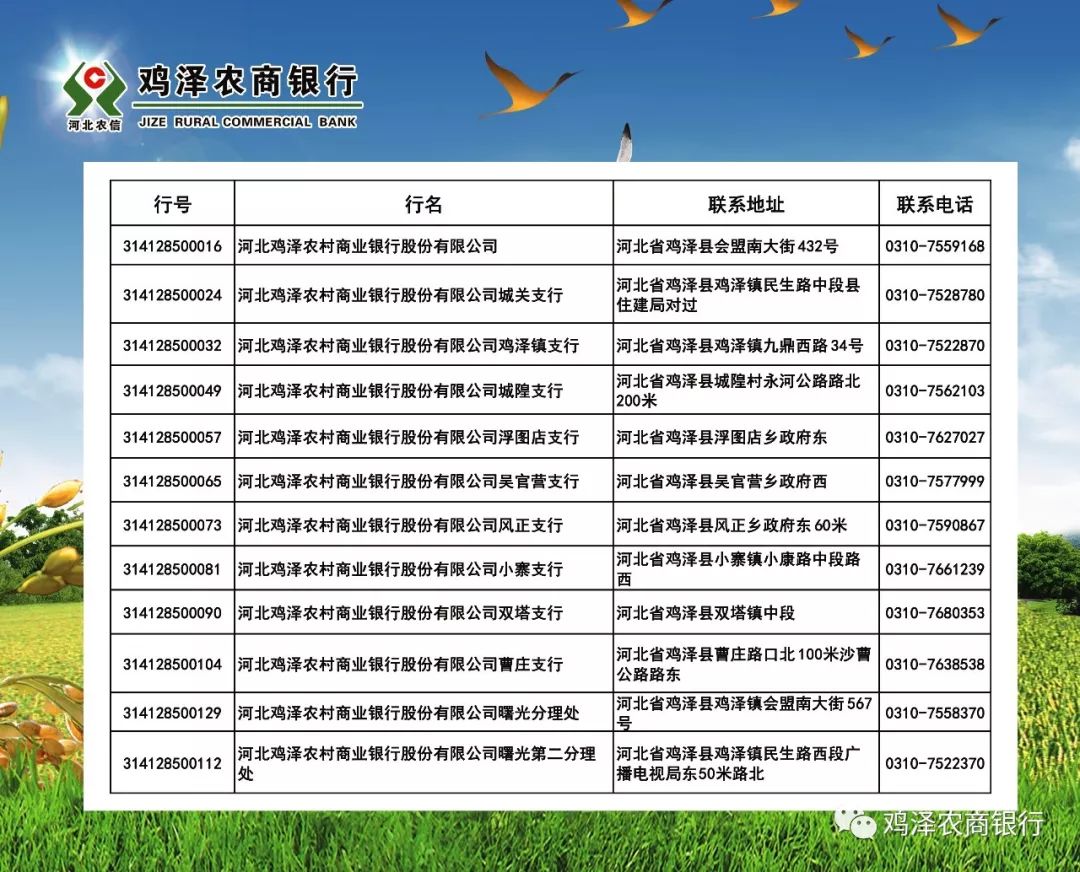 請大家轉賬匯款時注意雞澤農商銀行行名行號變更啦